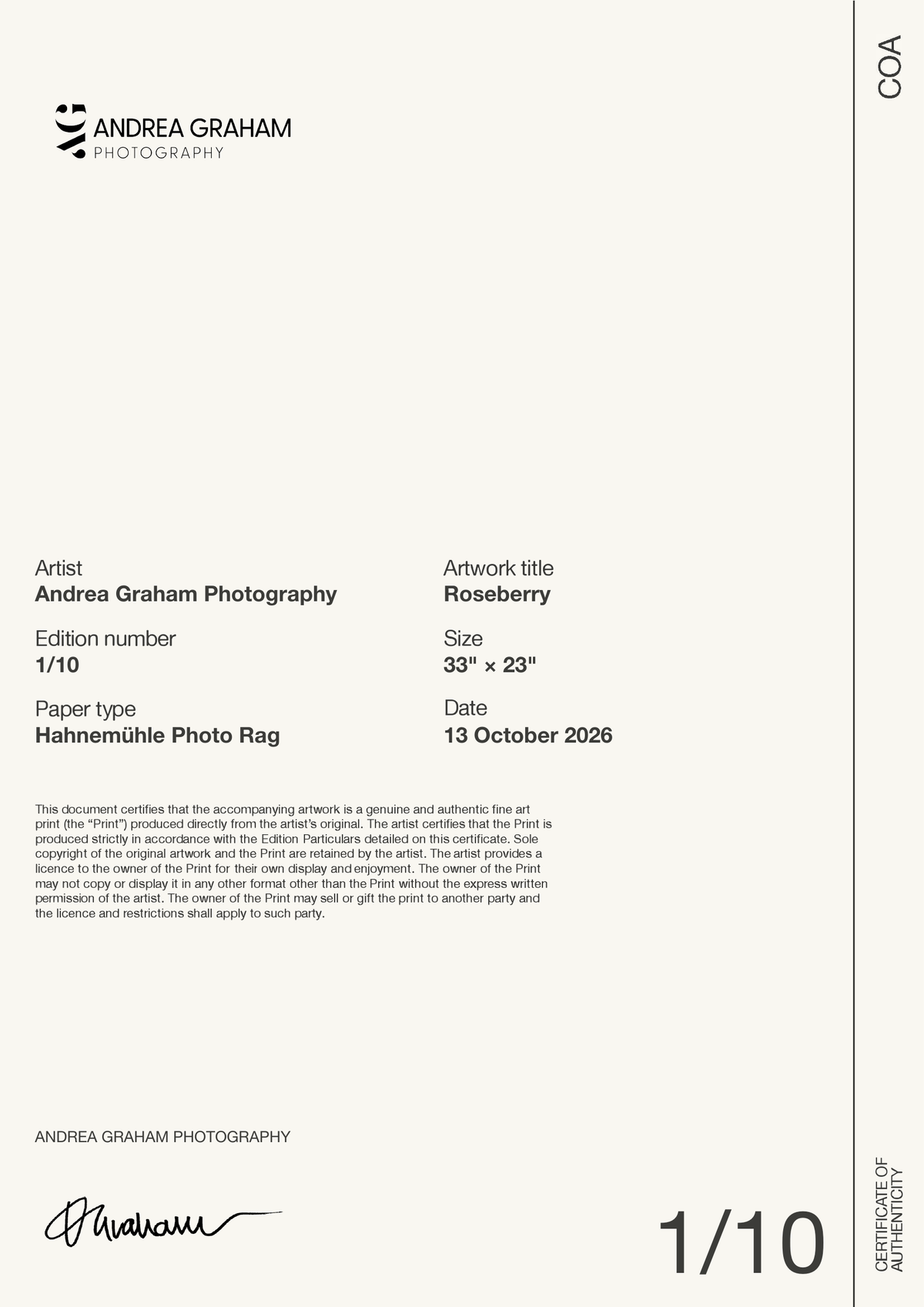 Roseberry — Certificate of Authenticity