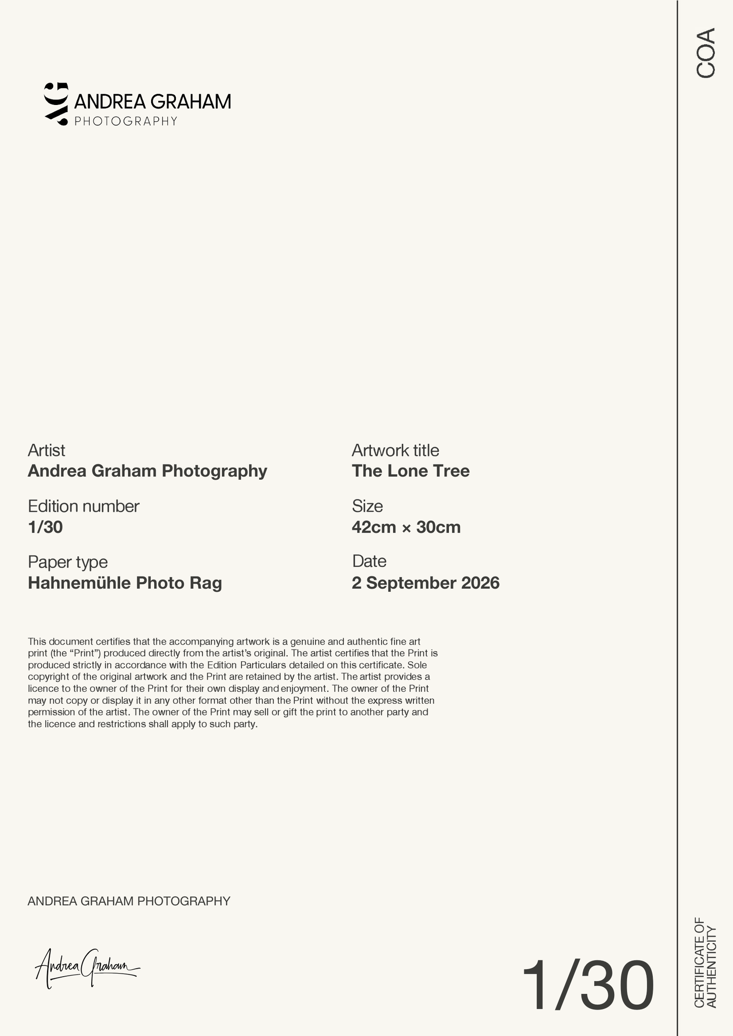 The Lone Tree — Certificate of Authenticity