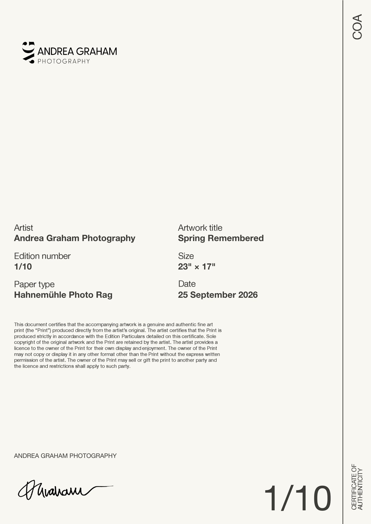 Spring Remembered — Certificate of Authenticity