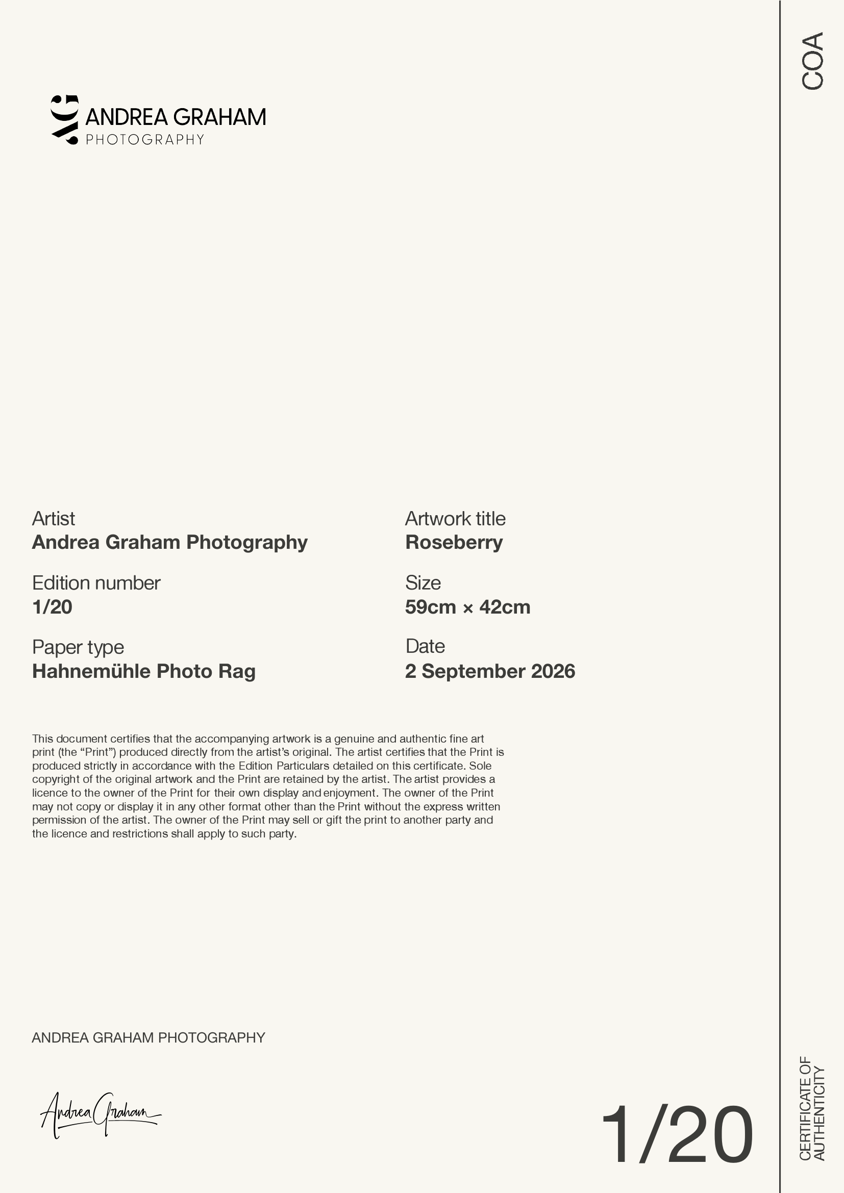 Roseberry — Certificate of Authenticity
