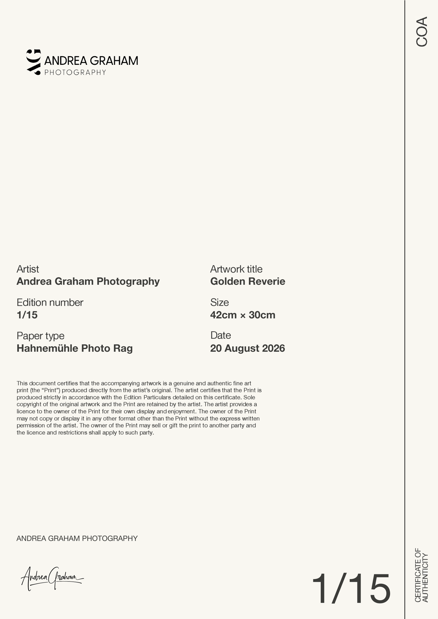 Golden Reverie — Certificate of Authenticity