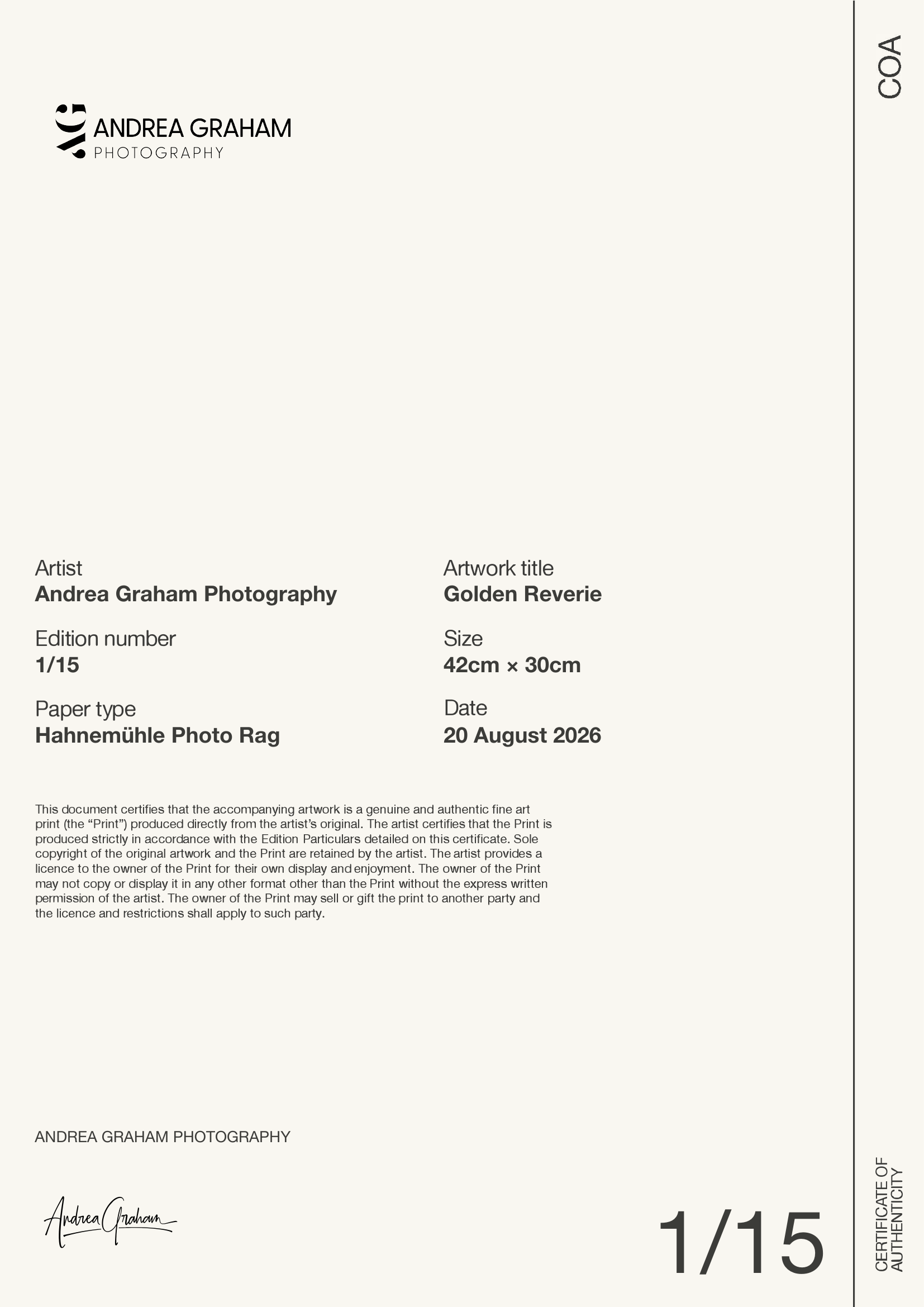 Golden Reverie — Certificate of Authenticity