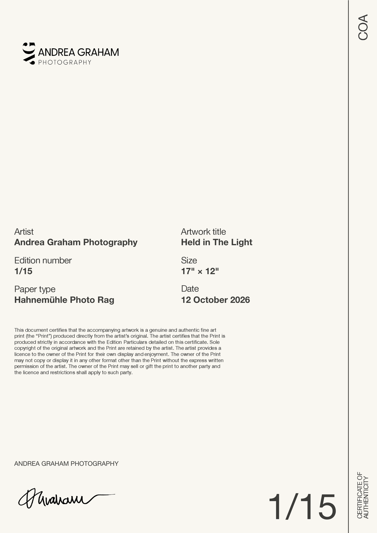 Held in The Light — Certificate of Authenticity