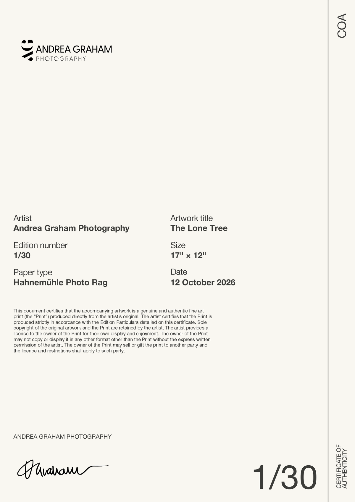 The Lone Tree — Certificate of Authenticity