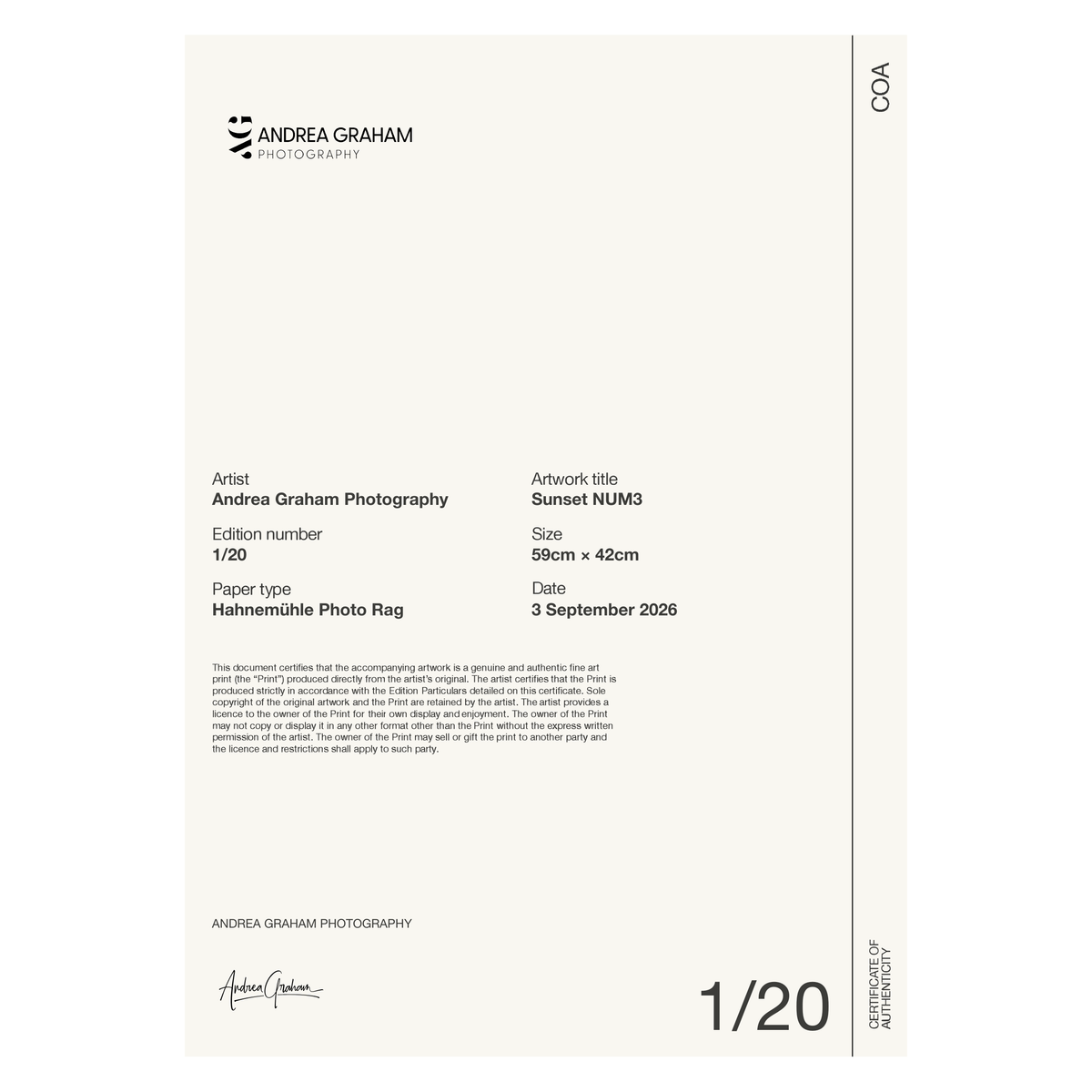 Sunset NUM3 — Certificate of Authenticity