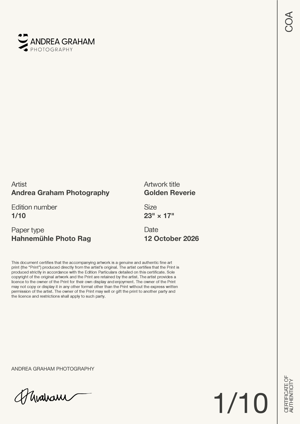 Golden Reverie — Certificate of Authenticity